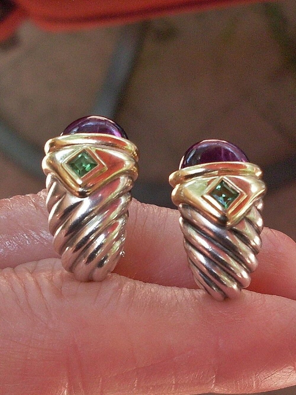 David Yurman Renaissance Amethyst & Tsavorite Shrimp Earrings - Omega Backs